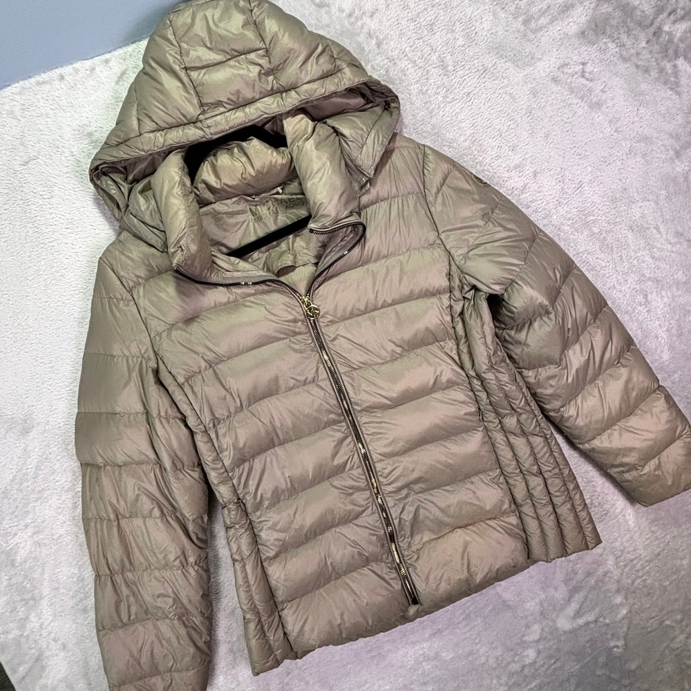 MICHAEL Michael Kors Women Puffer Size L Champagne Packable Down Hooded Jacket